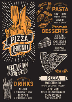 Pizza menu food template for restaurant with doodle hand-drawn graphic.