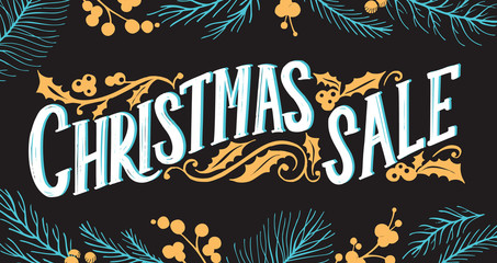 Christmas sale chalkboard background with holiday decorations.