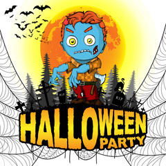 Halloween Party Poster with zombie on a white isolated background. Vector illustration.