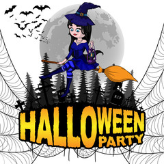 Fototapeta na wymiar Halloween Party Poster with witch on a white isolated background. Vector illustration.