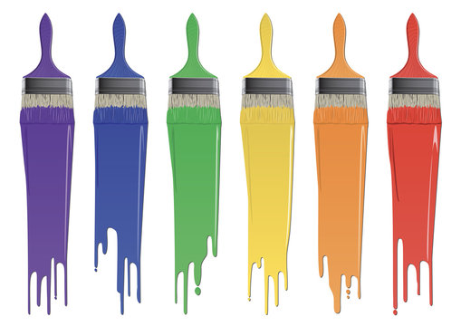 set of rainbow colors brushes with paint
