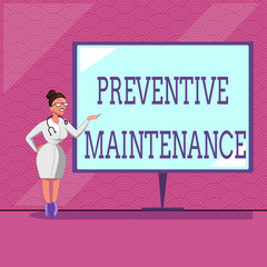 Conceptual hand writing showing Preventive Maintenance. Business photo text Avoid Breakdown done while machine still working.