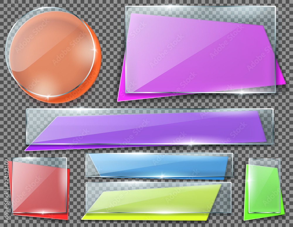 Wall mural vector realistic set of color banners under transparent glass plates, blank shining isolated frames.