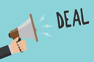 Conceptual hand writing showing Deal. Business photo showcasing Agreement entered into by two or more parties for their mutual benefit Man holding megaphone blue background message speaking loud