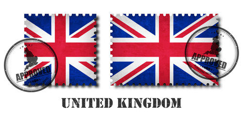 Fototapeta na wymiar United kingdom of great britain flag pattern postage stamp with grunge old scratch texture and seal on isolated background . Black color country name with abrasion . Square and rectangle shape
