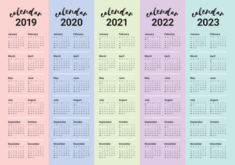 Year 2019 2020 2021 2022 2023 calendar vector design template