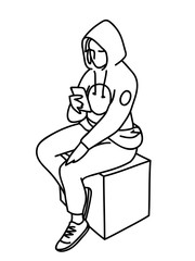Young woman in hoodie sitting on box, looking at mobile phone. Vector illustration of girl checking social networks. Concept. Sketch. Line art. Black lines on white background. Virtual communication