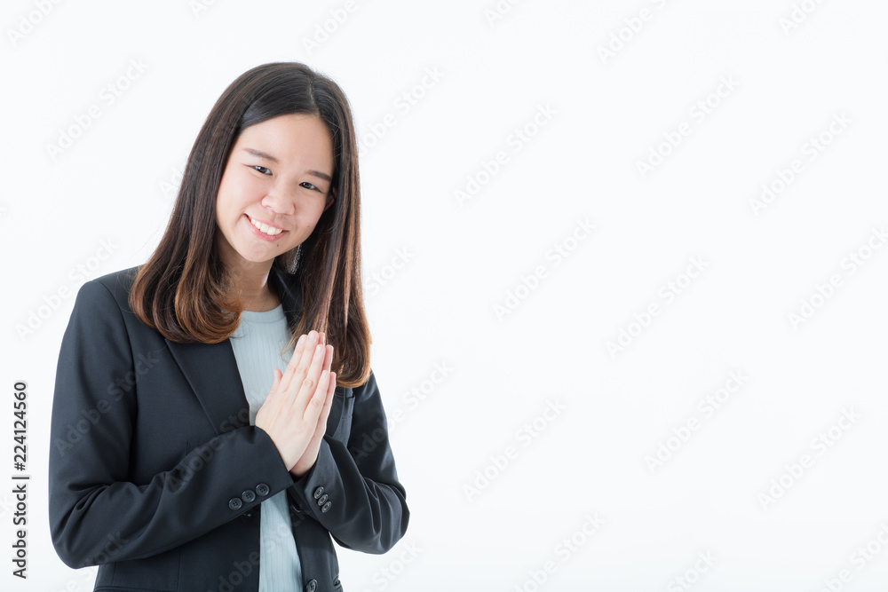 Wall mural young and beautiful long balck hair asian woman in black suit with smile face showing greeting in th