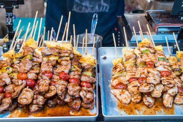 BBQ pork in street food market in thailand.