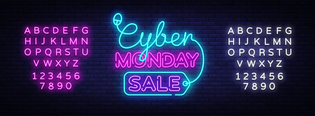 Cyber Monday, discount sale concept Vector illustration in neon style, online shopping and marketing concept. Neon luminous signboard, bright banner, Light advertisement. Editing text neon sign
