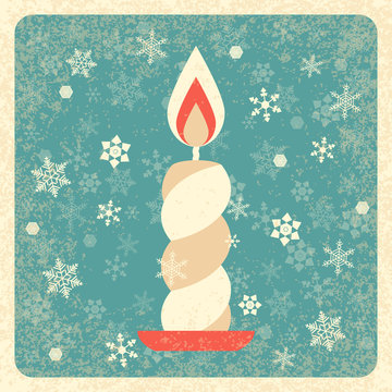 Vintage card. Burning candle. Snowflakes background. Grunge texture. Ivory elements, muted green background, frame