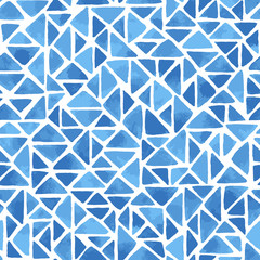 Hand painted mosaic background with triangles in blue. Seamless vector pattern