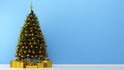 decorated christmas tree with gift boxes in blue room