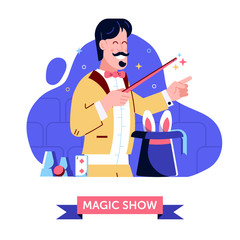 Magician in stage suit shows focus with magic hat and rabbit. Smiling circus illusionist holding wand demonstrating magical performance trick with bunny and cylinder on theater. Magic show concept.