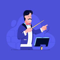 Fototapeta premium Smiling orchestra conductor character directing with baton on concert hall. Leader man in stage tuxedo with bow-tie conducting musical performance on stage. Effective management concept.