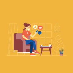 Young woman sitting in comfortable armchair at home furnishing and networking with smartphone. Smiling girl character surfing social network from phone, chatting, sending and receiving messages.