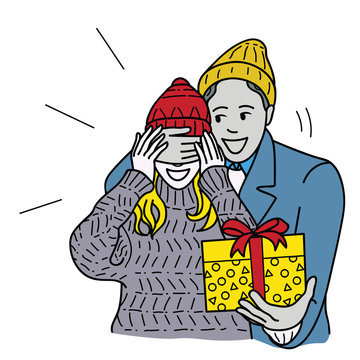 Boyfriend surprise girlfriend with giftbox