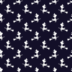 Halloween pattern witch silhouette flying on broom on dark blue background. Seamless pattern witch on broomstick in night sky. Halloween concept.