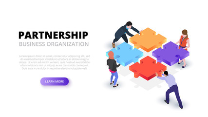 Vector isometric illustration with people holding a puzzle piece. Teamwork concept banner. Landing page.