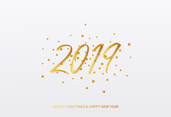 2019 year card with confetti in golden design. Merry Christmas and Happy New Year Text.