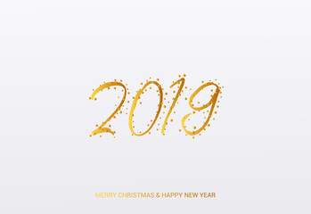 2019 year card with confetti in golden design. Merry Christmas and Happy New Year Text.