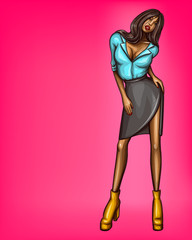 Vector pop art leggy girl in blue blouse, short skirt with slit and yellow high-heeled shoes. Sexy tanned female character for sale, advertising, promo. Attractive woman isolated on pink background.