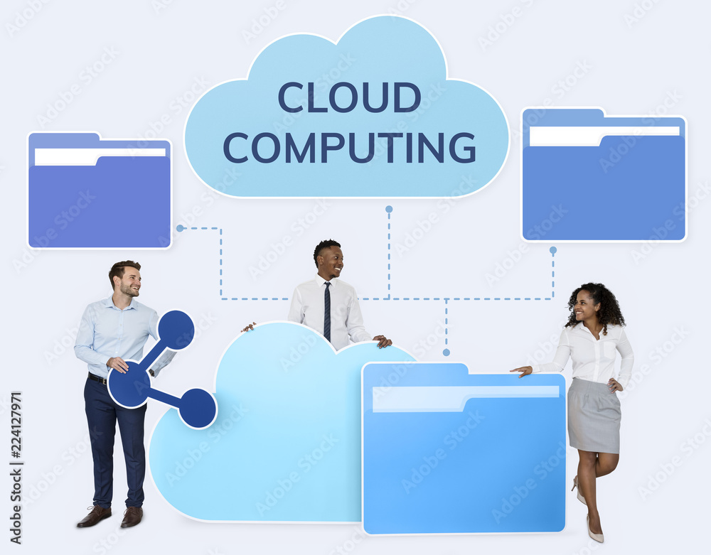 Sticker business people and cloud computing icons