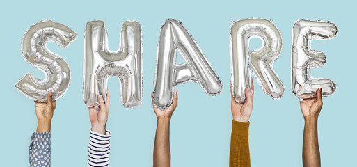 Hands showing share balloons word