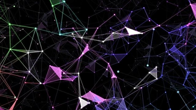 Multicolored elements. Cosmic geometry.Abstract space background, geometry surfaces, lines and points. Can be used as digital dynamic wallpaper, technology background.Seamless loop.