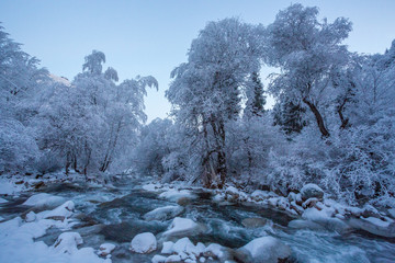 Winter panorama with ski hut in the snow