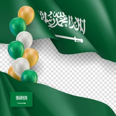 Saudi Arabia patriotic banner with space for text. Realistic waving KSA flag and colorful balloons decoration on transparent background. Official country holiday vector illustration in national colors