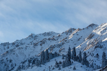 Winter panorama with ski hut in the snow