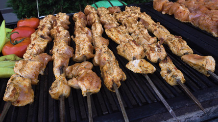 The chief is frying meat. Chicken meat on the grill. Restaurant in the open air. The concept of a picnic, barbecue.
