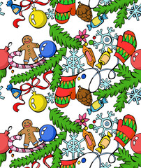 Christmas and new year pattern, Christmas decorations, Christmas tree and snowflakes