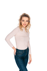 portrait of beautiful young blonde woman smiling at camera isolated on white