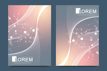 Modern vector template for brochure, leaflet, flyer, cover, catalog, magazine, banner or annual report. A4 size. Business, science and technology design with colored dynamic waves, line and particles.