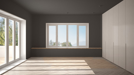 Fototapeta premium Modern empty space with big panoramic windows and wooden floor, minimalist white and gray architecture interior design