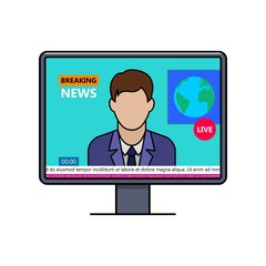 Breaking news with male speaker on lcd display thin line icon. World news live broadcasting vector illustration. TV news in studio outline pictogram. Reporter or journalist in TV channel program.