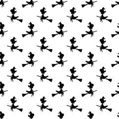 Halloween concept. Pattern black witch silhouette flying on broom on white background. Seamless pattern witch on broomstick in night sky.