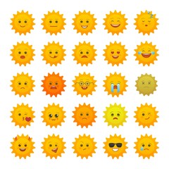 Yellow sun emoticons isolated set. Summer sun with angry, joy, love, sad, laugh, happy emoji. Social communication and weather widget. Faces with various emotions. Weather forecast vector elements