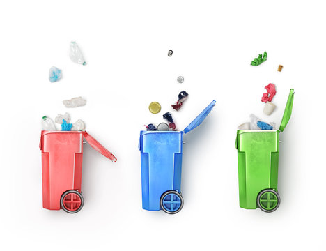 Concept of garbage sorting. Recycle bins with differrent rubbish isolated on a white background. Waste management and recycle concept.