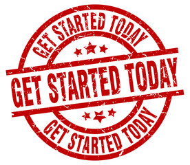 get started today round red grunge stamp