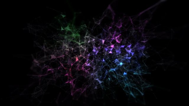 Neural network in space. Depth of field.Abstract space background, geometry surfaces, lines and points. Can be used as digital dynamic wallpaper, technology background.Seamless loop.