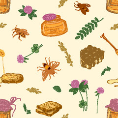 Seamless pattern with honey, bees, honeycomb, linden, acacia, clover plants, jar and dipper on light background
