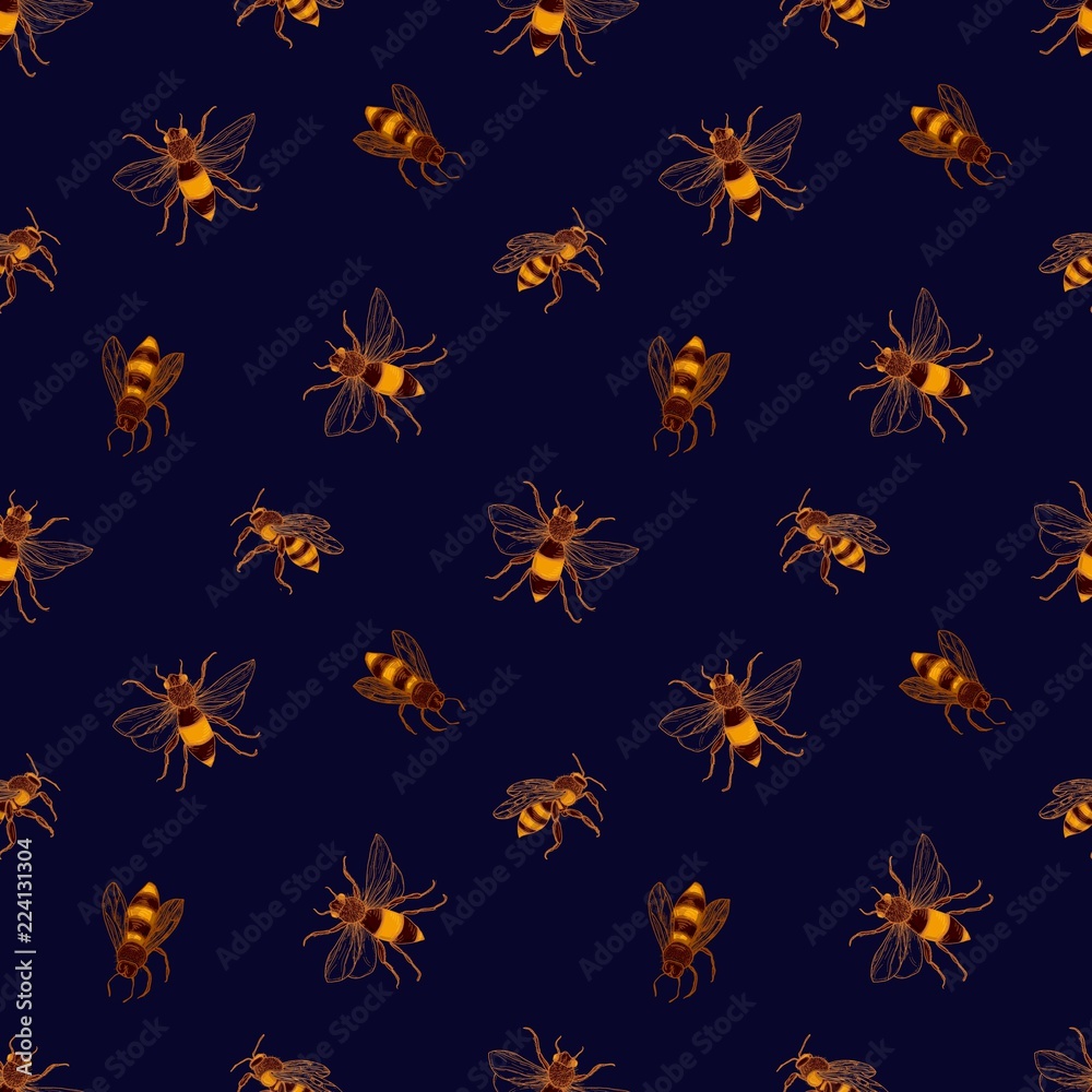 Poster seamless pattern with honey bees on dark background. apiculture or beekeeping backdrop. colorful han