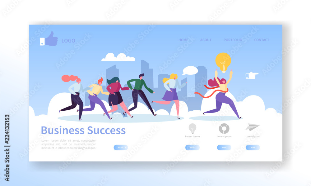 Wall mural business success landing page template. website layout with flat people characters running to finish