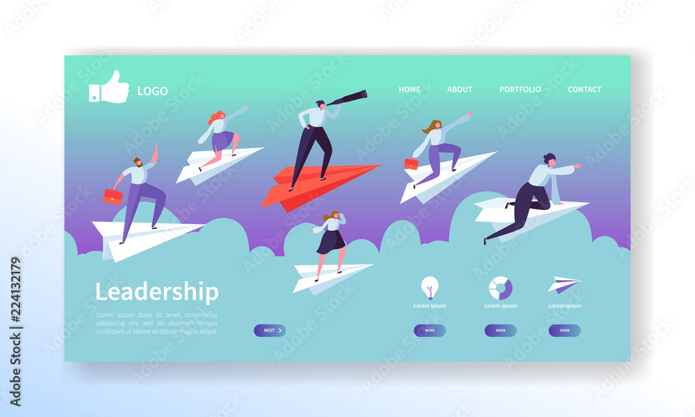 Wall mural business vision landing page template. website layout with flat people characters flying on paper pl