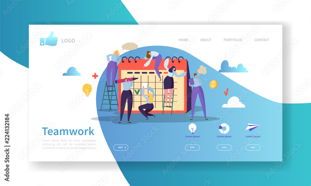Poster team work landing page template. website layout with flat people characters working together. easy t