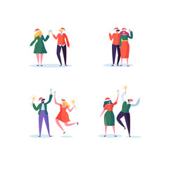 Fototapeta na wymiar Flat People Celebrating New Year Party with Champagne Glasses. Joyful Characters in Santa Claus Hats on Christmas. Vector illustration