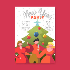 Happy New Year 2019 Poster. Flat People Characters Celebrating Party Greeting Card, Placard, Invitation Template. Vector illustration